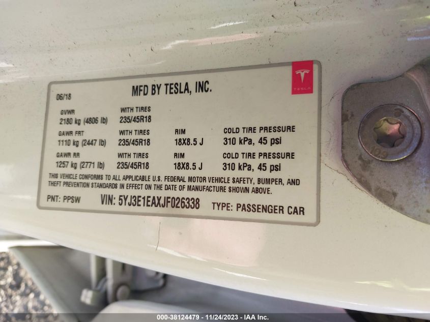 2018 TESLA MODEL 3 LONG RANGE/MID RANGE - 5YJ3E1EAXJF026338