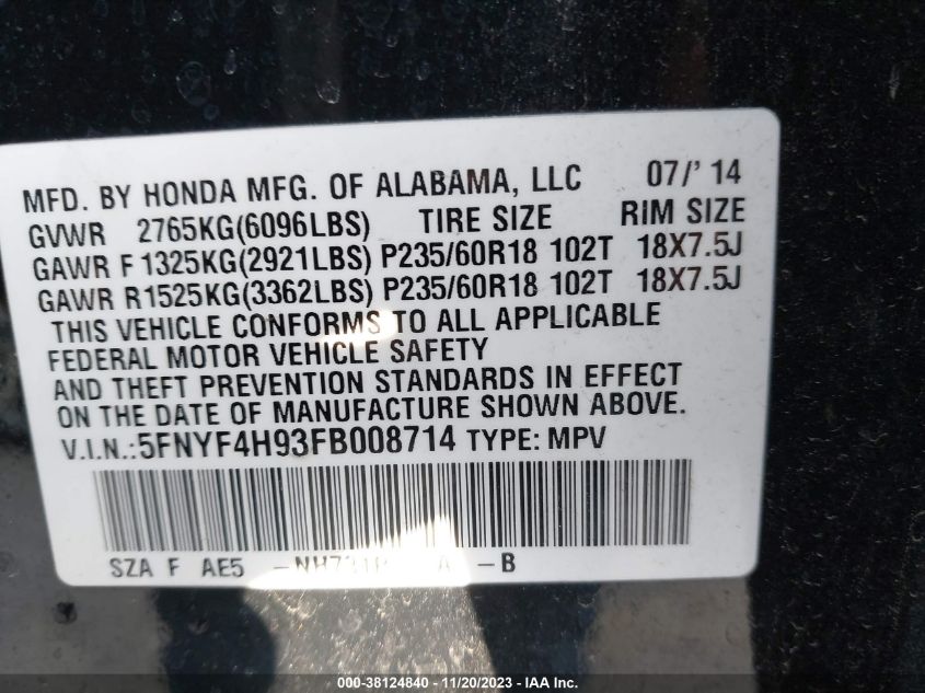 2015 HONDA PILOT TOURING - 5FNYF4H93FB008700