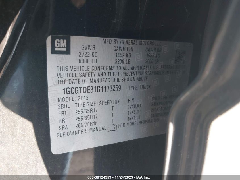 2016 CHEVROLET COLORADO Z71 - 1GCGTDE31G1173269