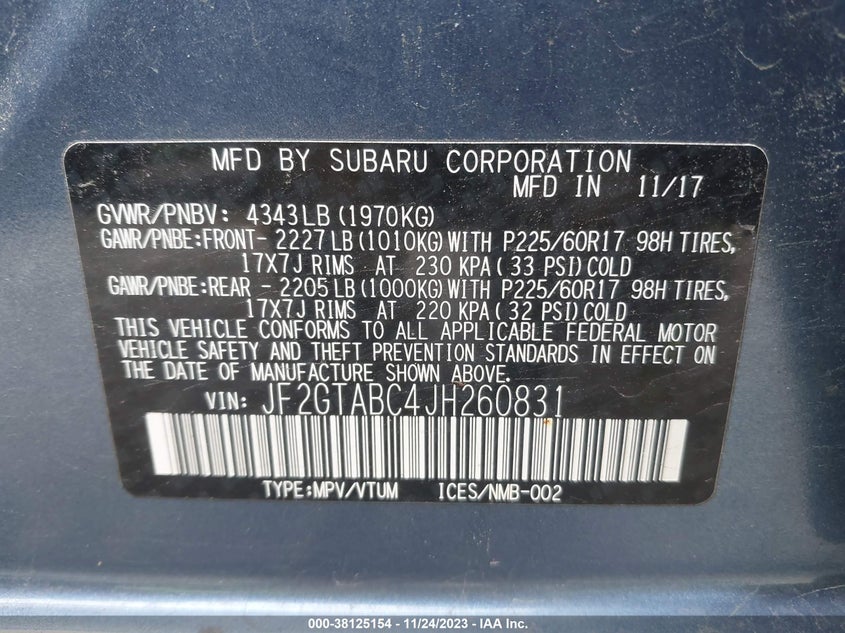 VIN JF2GTABC4JH260831 2018 SUBARU CROSSTREK 2.0I PREMIUM