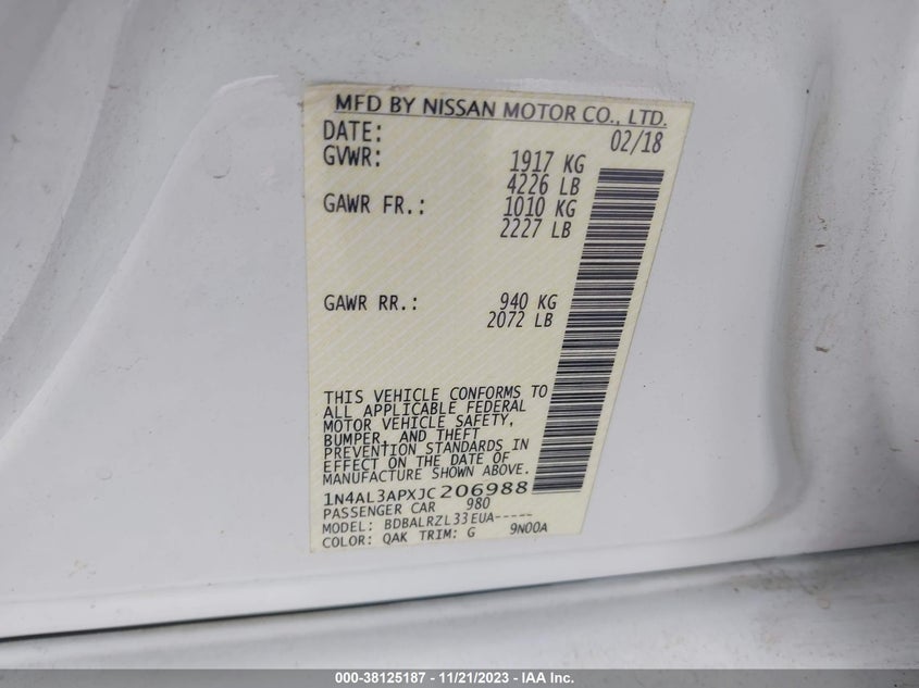 VIN 1N4AL3APXJC206988 2018 NISSAN ALTIMA 2.5 SL