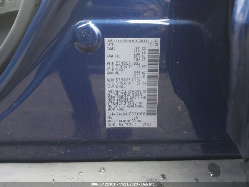 VIN 5N1AT2MV5KC737088 2019 NISSAN ROGUE S