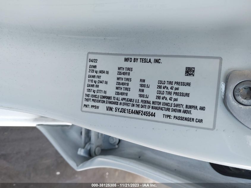 2022 TESLA MODEL 3 REAR-WHEEL DRIVE - 5YJ3E1EA4NF245544