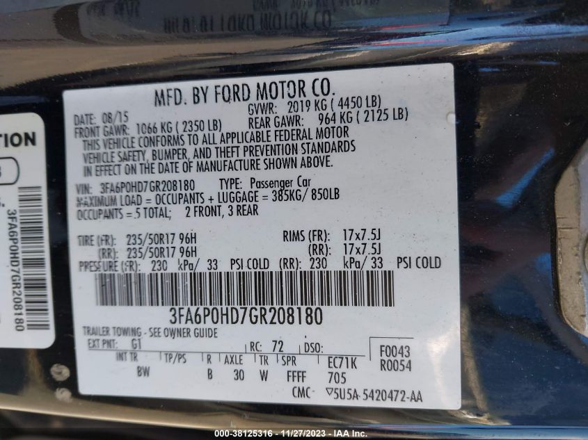 2016 FORD FUSION SE - 3FA6P0HD7GR208180