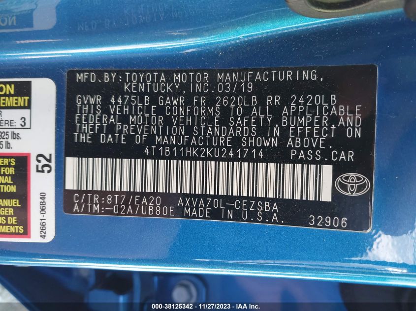 2019 TOYOTA CAMRY SE - 4T1B11HK2KU241714