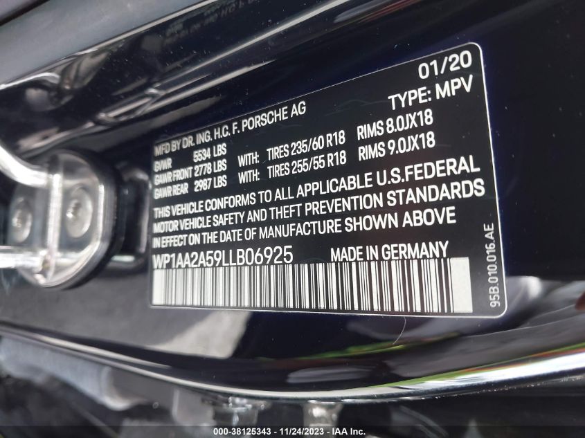 VIN WP1AA2A59LLB06925 2020 PORSCHE MACAN