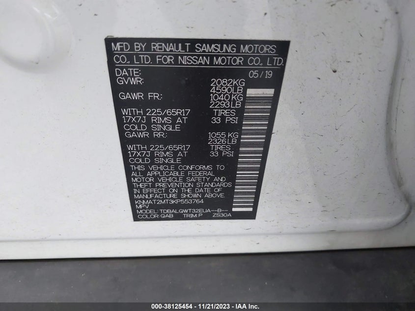 VIN KNMAT2MT3KP553764 2019 NISSAN ROGUE SV