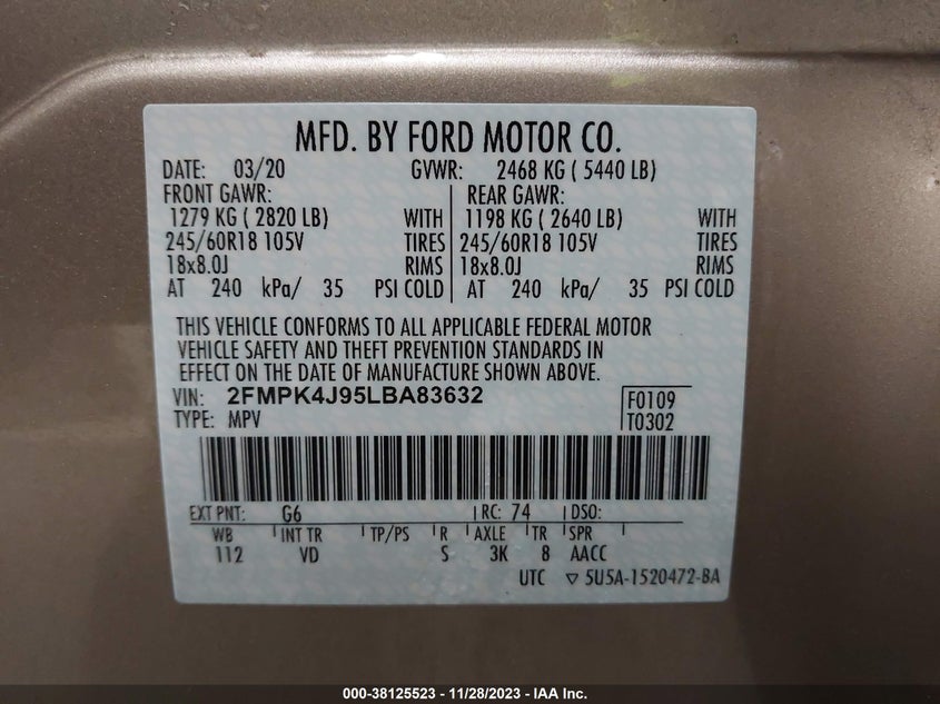 VIN 2FMPK4J95LBA83632 2020 FORD EDGE SEL