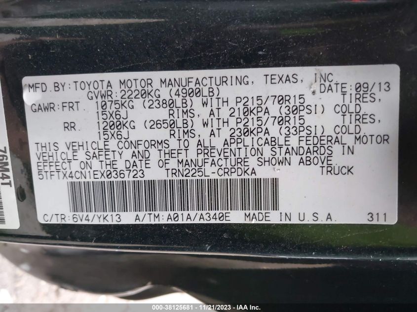 2014 TOYOTA TACOMA - 5TFTX4CN1EX036723