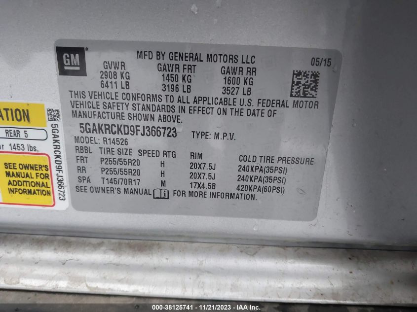 2015 BUICK ENCLAVE PREMIUM - 5GAKRCKD9FJ366723