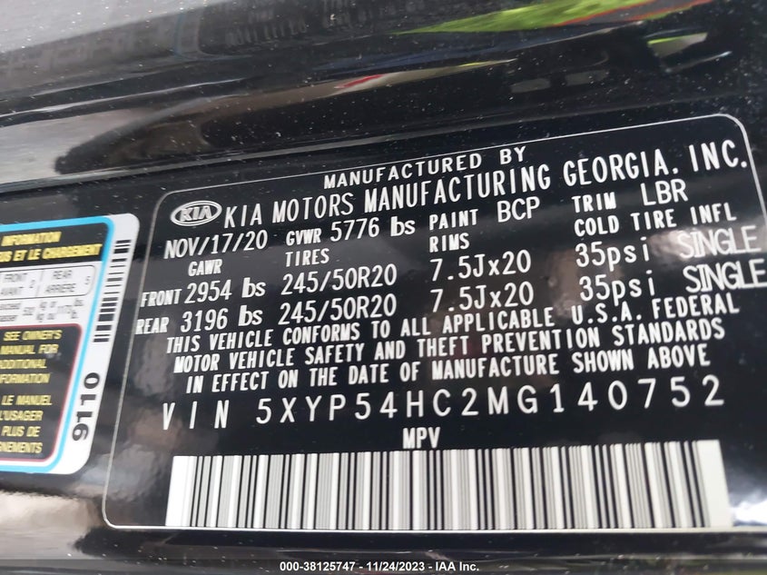 VIN 5XYP54HC2MG140752 2021 KIA TELLURIDE SX
