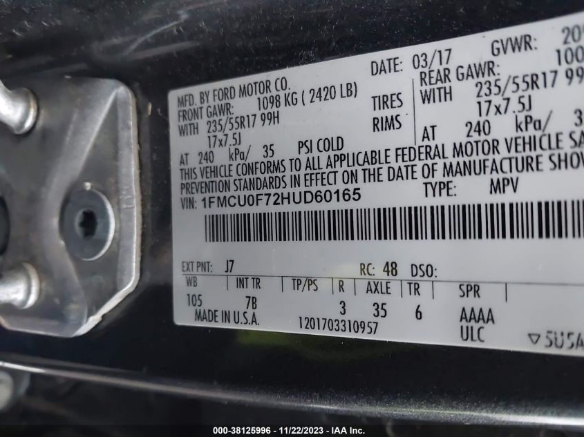 2017 FORD ESCAPE S - 1FMCU0F72HUD60165