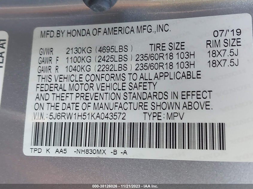 VIN 5J6RW1H51KA043572 2019 HONDA CR-V EX