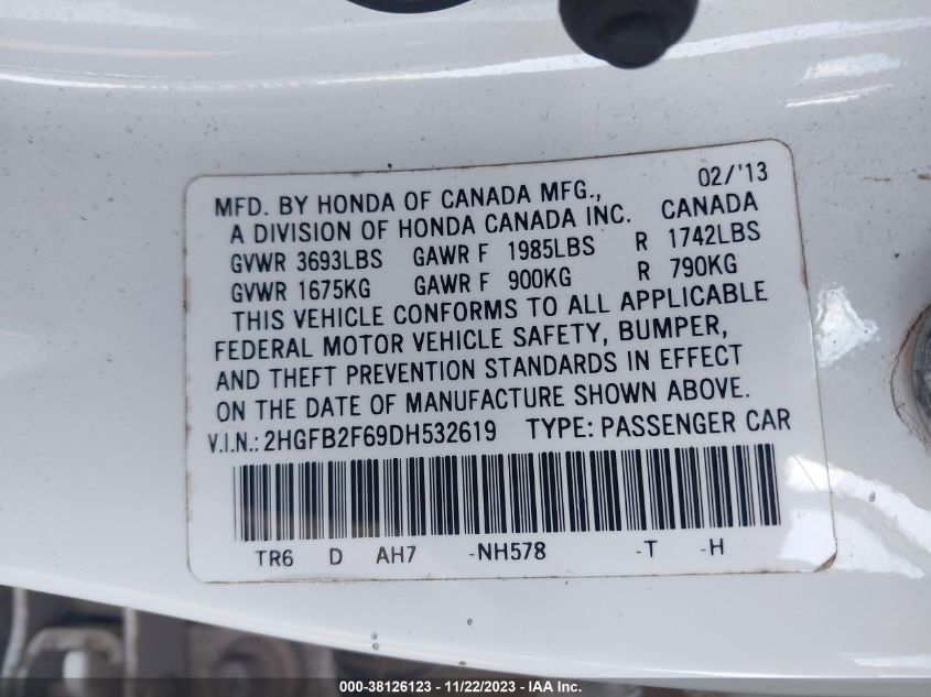 2013 HONDA CIVIC HF - 2HGFB2F69DH532619