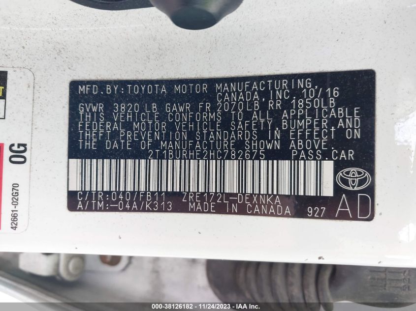 2017 TOYOTA COROLLA L/LE/XLE/SE/XSE - 2T1BURHE2HC782675