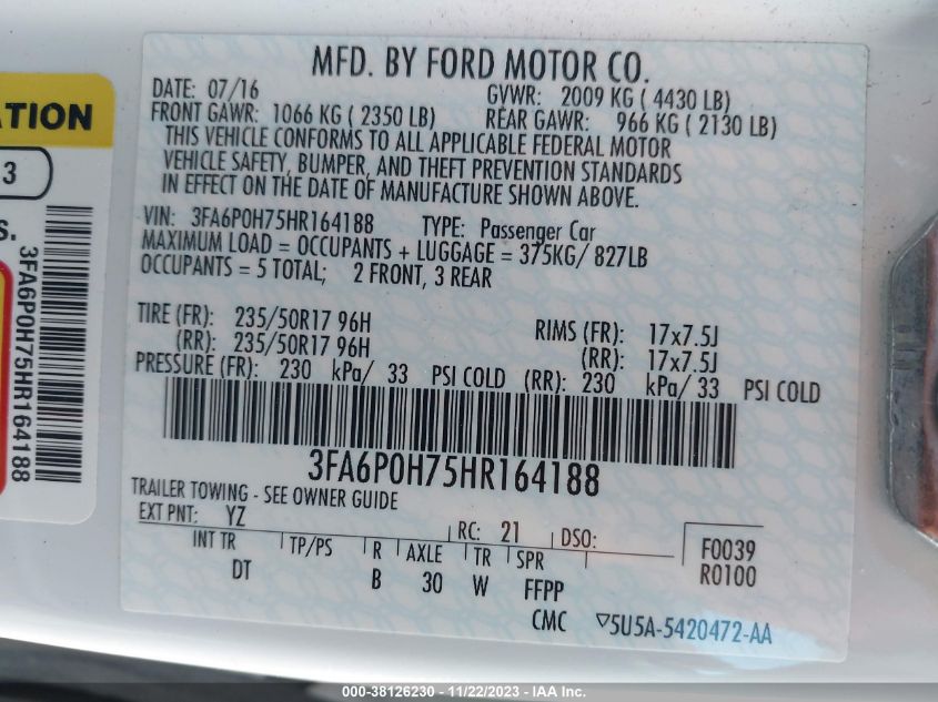 2017 FORD FUSION SE - 3FA6P0H75HR164188