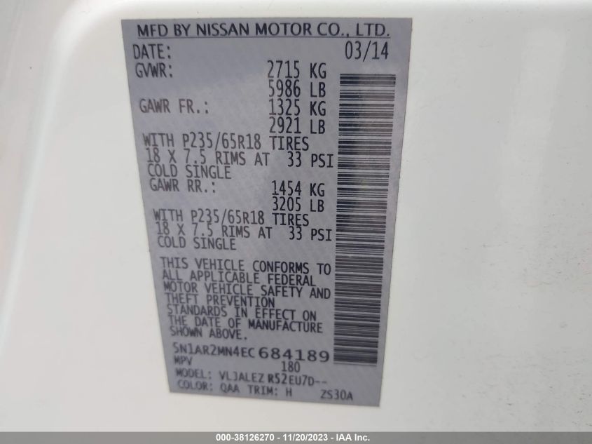 2014 NISSAN PATHFINDER SV - 5N1AR2MN4EC684189