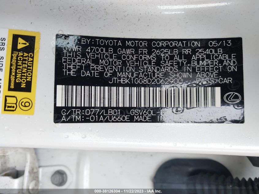 2013 LEXUS ES 350 4DR SDN - JTHBK1GG8D2062900