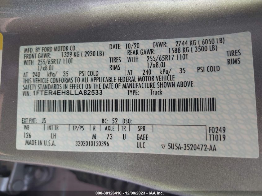2020 FORD RANGER XL/XLT/LARIAT - 1FTER4EH8LLA82533