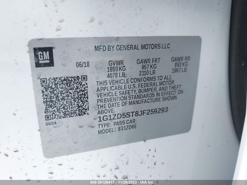 VIN 1G1ZD5ST8JF259293 2018 CHEVROLET MALIBU LT