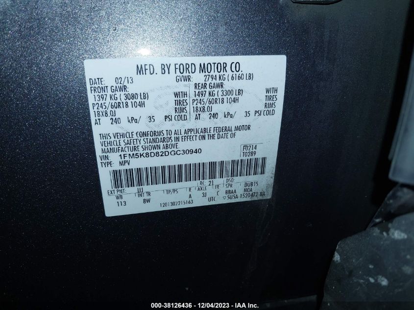 2013 FORD EXPLORER XLT - 1FM5K8D82DGC30940