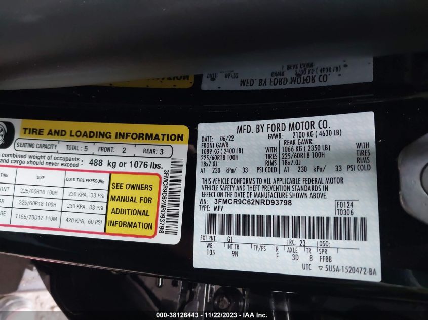 2022 FORD BRONCO SPORT OUTER BANKS - 3FMCR9C62NRD93798