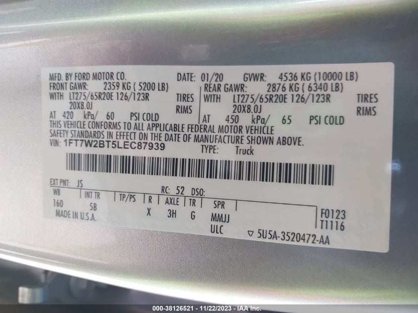 2020 FORD F-250 LARIAT - 1FT7W2BT5LEC87939