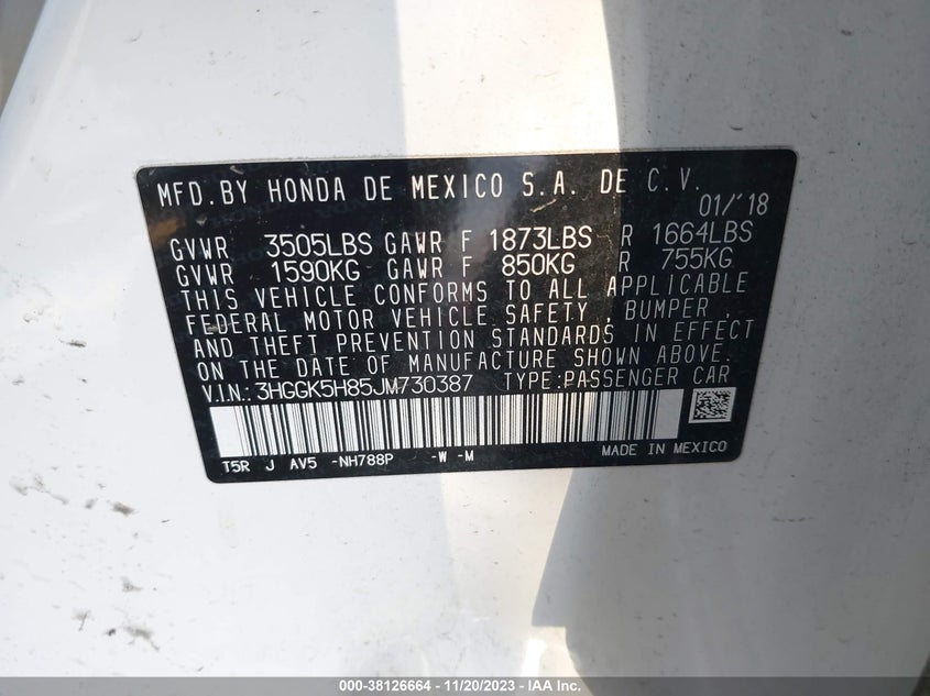 VIN 3HGGK5H85JM730387 2018 HONDA FIT EX