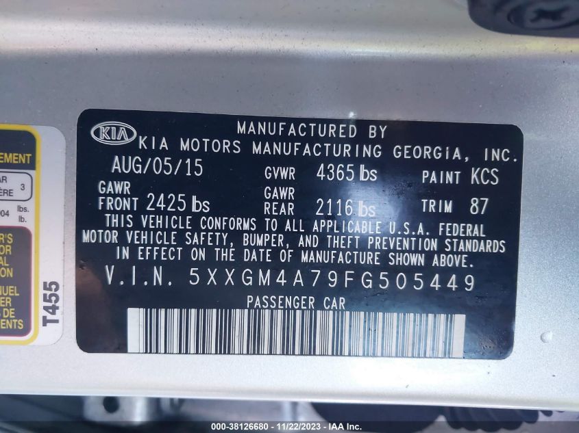 5XXGM4A79FG505449 | 2015 KIA OPTIMA