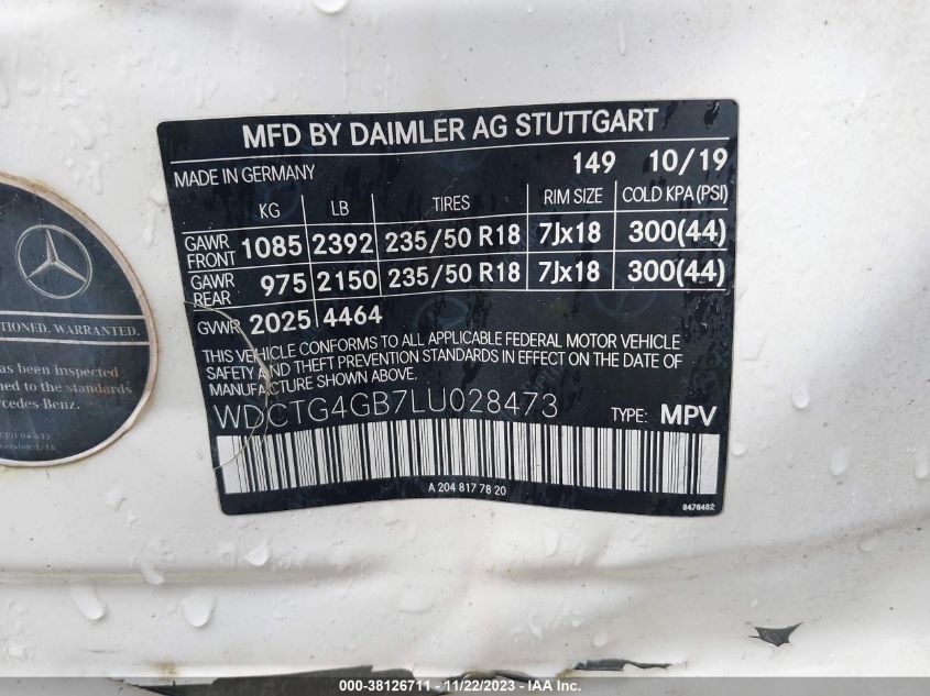 2020 MERCEDES-BENZ GLA 250 4MATIC - WDCTG4GB7LU028473