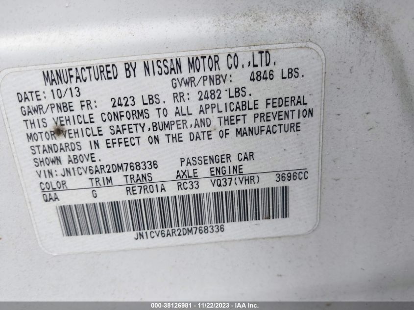 2013 INFINITI G37X X JN1CV6AR2DM768336
