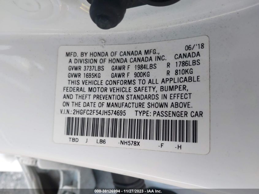 2018 HONDA CIVIC LX - 2HGFC2F54JH574695