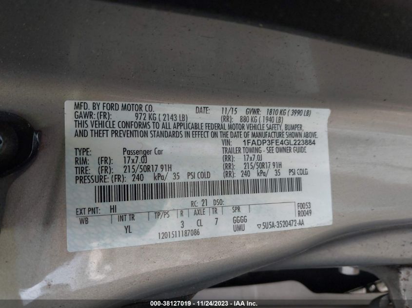 2016 FORD FOCUS SE - 1FADP3FE4GL223884