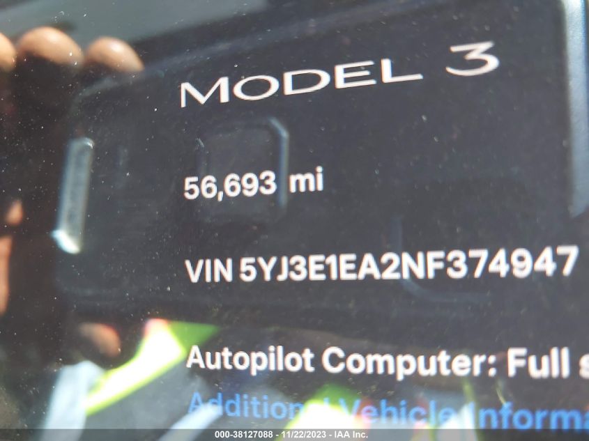 2022 TESLA MODEL 3 REAR-WHEEL DRIVE - 5YJ3E1EA2NF374947