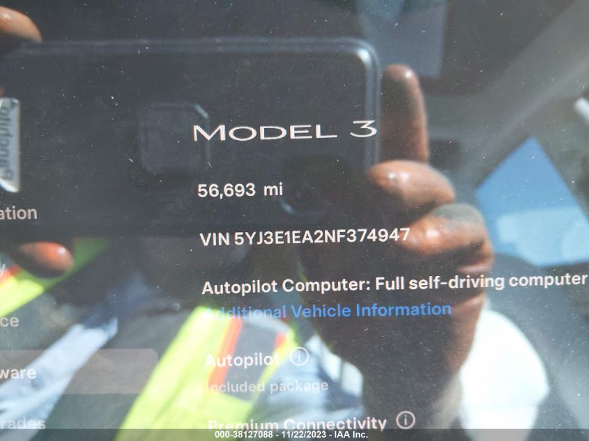 2022 TESLA MODEL 3 REAR-WHEEL DRIVE - 5YJ3E1EA2NF374947