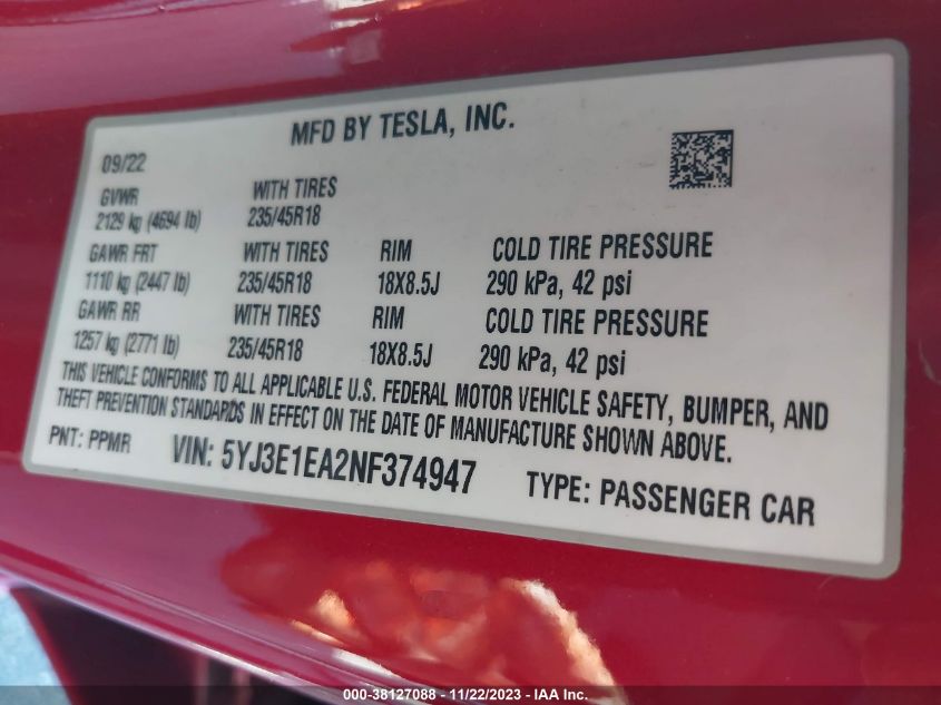 2022 TESLA MODEL 3 REAR-WHEEL DRIVE - 5YJ3E1EA2NF374947