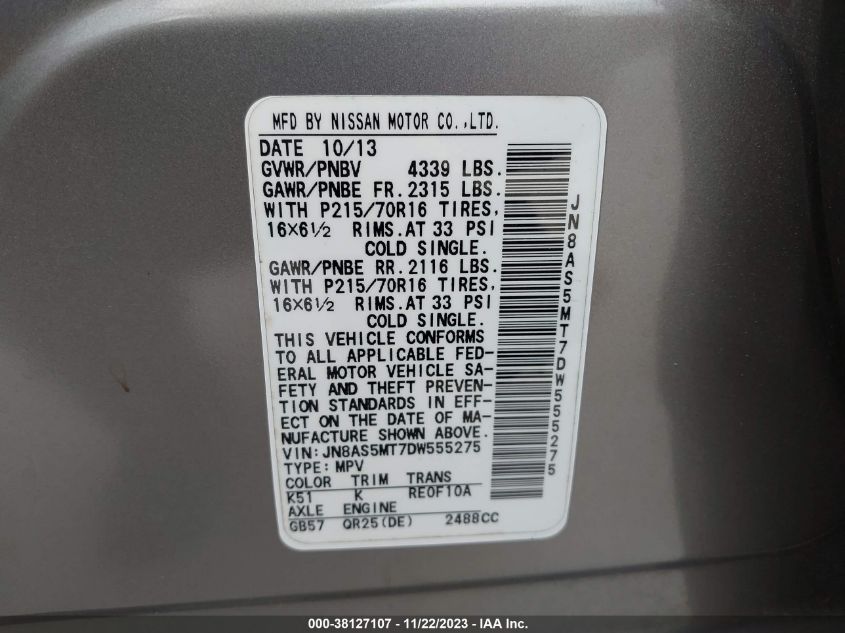 2013 NISSAN ROGUE S - JN8AS5MT7DW555275