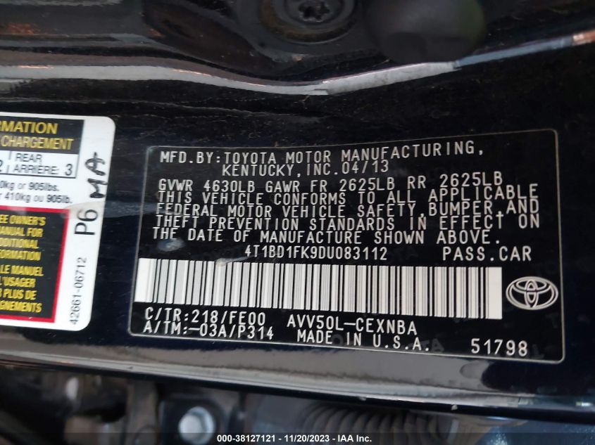 2013 TOYOTA CAMRY HYBRID LE - 4T1BD1FK9DU083112