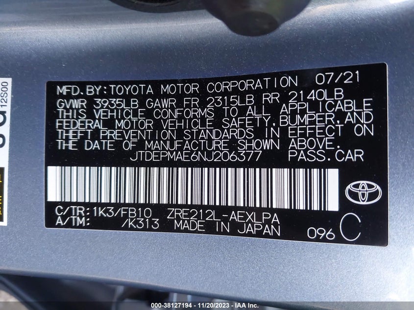 2022 TOYOTA COROLLA 1.8L I-4 DOHC 16-VAL(VIN: JTDEPMAE6NJ206377