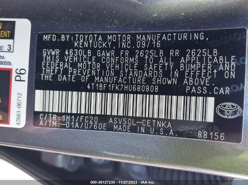 2017 TOYOTA CAMRY LE/XLE/SE/XSE - 4T1BF1FK7HU680808