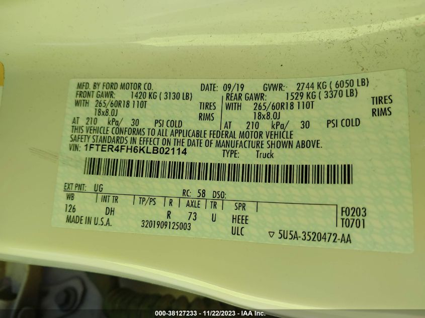 2019 FORD RANGER LARIAT - 1FTER4FH6KLB02114