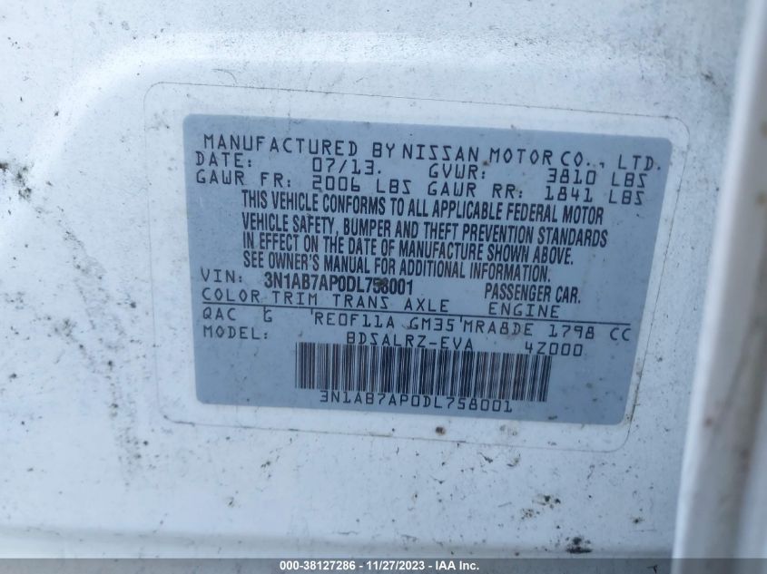 2013 NISSAN SENTRA SR - 3N1AB7AP0DL758001