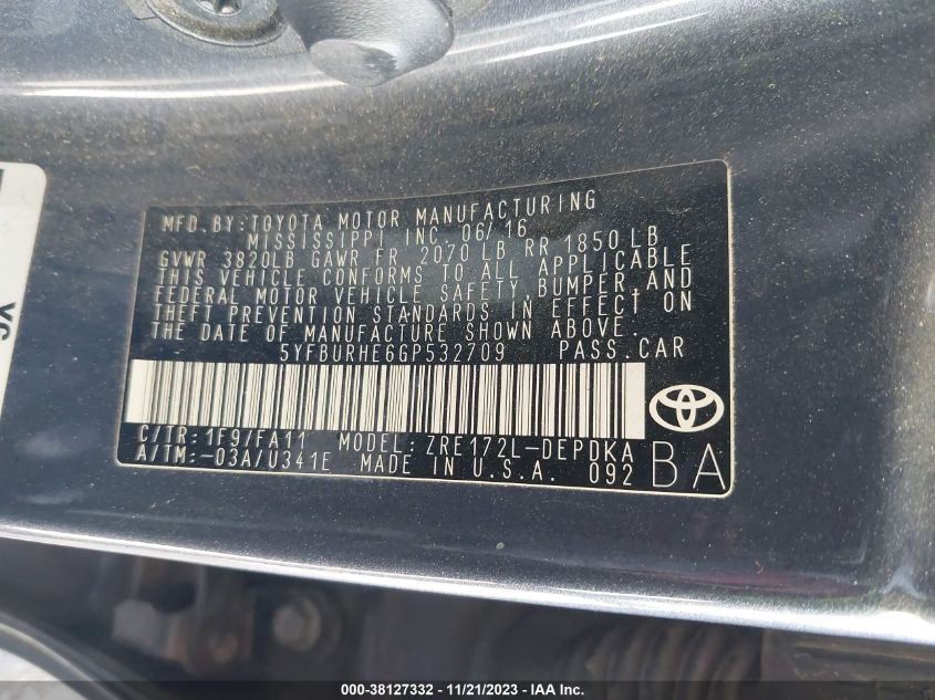 2016 TOYOTA COROLLA L - 5YFBURHE6GP532709