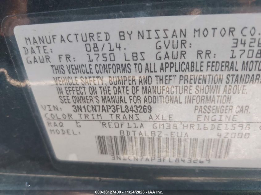 2015 NISSAN VERSA S/S PLUS/SV/SL - 3N1CN7AP3FL843269