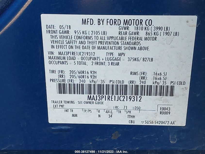 2018 FORD ECOSPORT S - MAJ3P1RE1JC219312