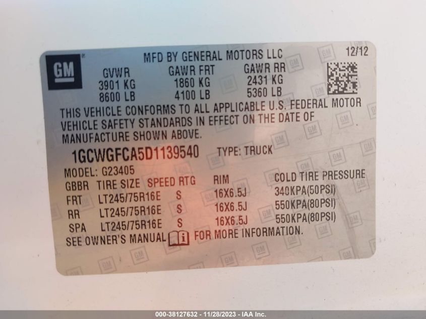 2013 CHEVROLET EXPRESS 2500 WORK VAN 1GCWGFCA5D1139540