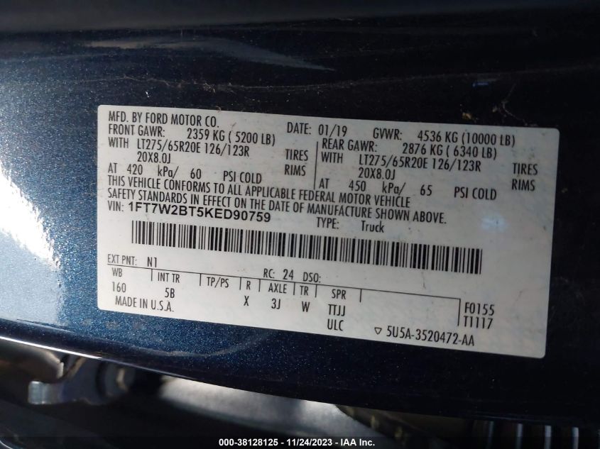 2019 FORD F250 SUPER DUTY 01FT7W2BT5KED9075