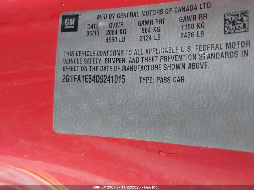 2013 CHEVROLET CAMARO 2LS - 2G1FA1E34D9241015