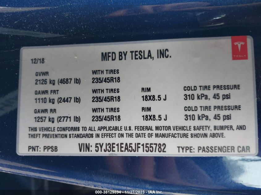 2018 TESLA MODEL 3 LONG RANGE/MID RANGE - 5YJ3E1EA5JF155782