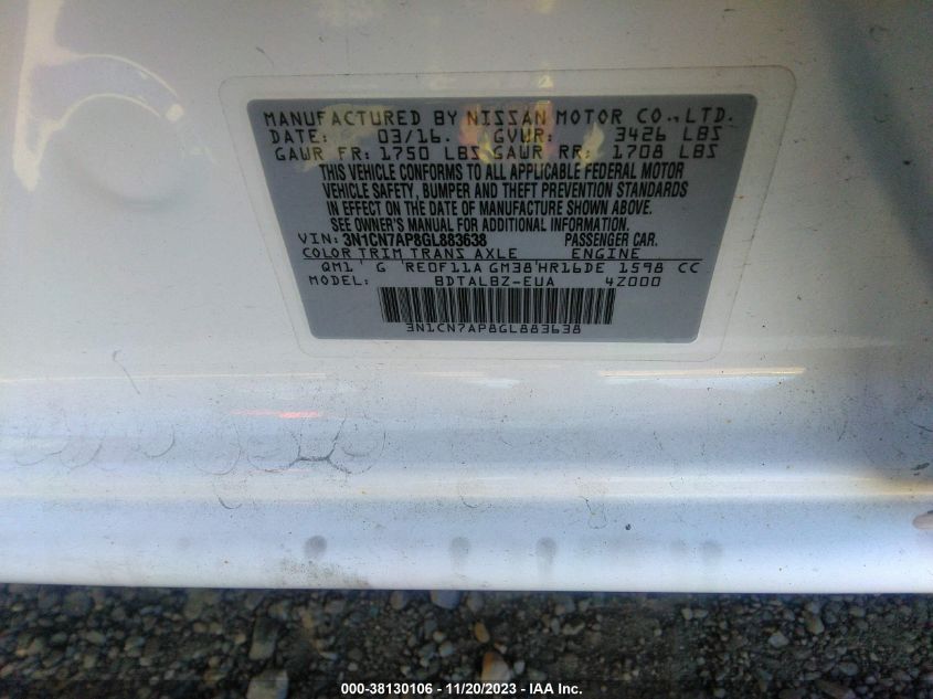 2016 NISSAN VERSA 1.6 SV - 3N1CN7AP8GL883638